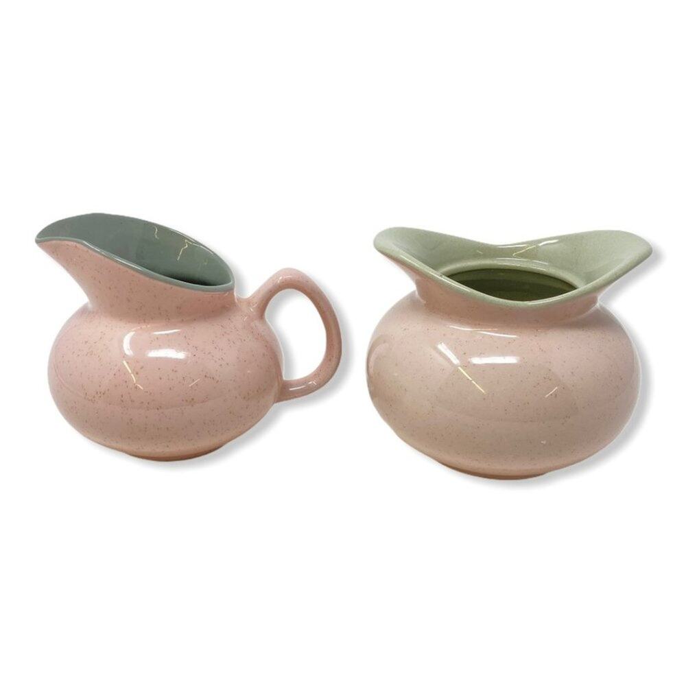 Vintage Harkerware Pink Grey Speckled Pottery Cream Sugar MCM
